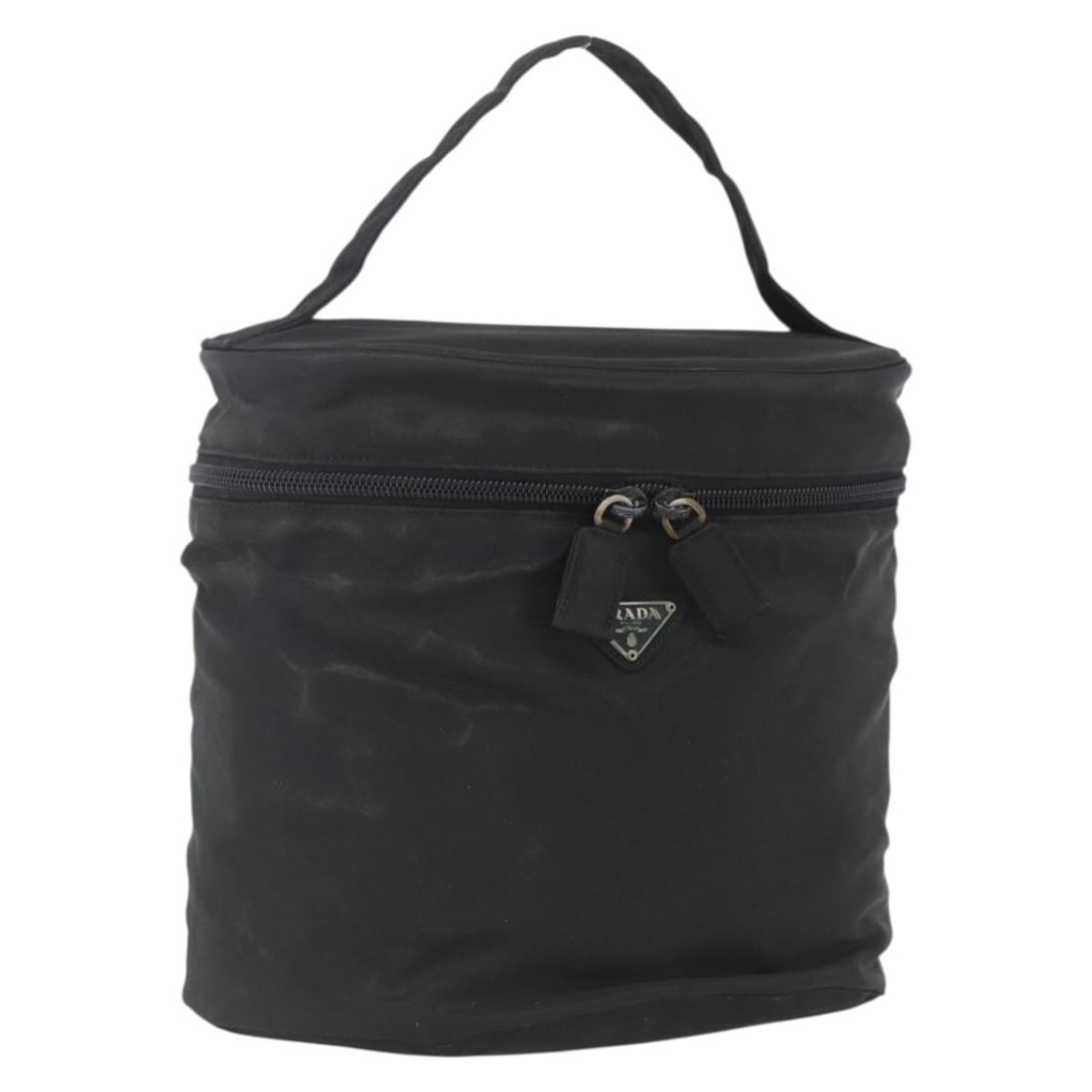 Black Nylon Prada Handbag with Silver Tone Details: Black Nylon Prada Handbag with Silver Tone Details This PRADA handbag features a black nylon exterior with silver-tone accents and is crafted in Italy. The bag shows signs of heavy use, including surf