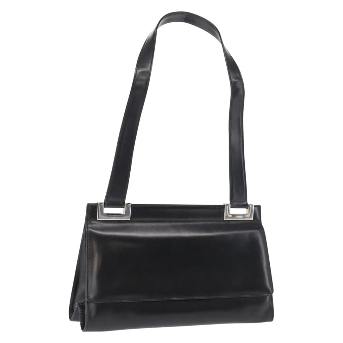 Black Leather GUCCI Shoulder Bag 001 2046 1909 Silver Hardware: Black Leather GUCCI Shoulder Bag 001 2046 1909 Silver Hardware This is a GUCCI shoulder bag crafted from black leather with silver-tone accents. The bag features a structured silhouette with an approx