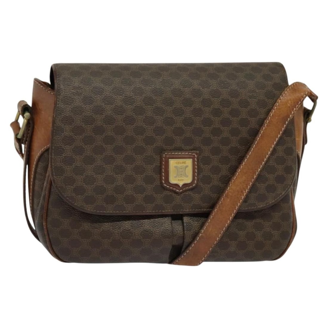 CELINE Macadam Canvas Shoulder Bag Brown Gold PVC Made in Italy: CELINE Macadam Canvas Shoulder Bag Brown Gold PVC Made in Italy This Celine Macadam Canvas Shoulder Bag combines stylish design with practical functionality. Crafted from durable PVC leather, this bag