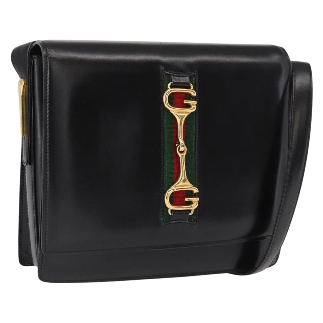 Gucci Sherry Line Black Leather Horsebit Shoulder Bag Gold Hardware: Gucci Sherry Line Black Leather Horsebit Shoulder Bag Gold Hardware This is a GUCCI Web Sherry Line Horsebit shoulder bag crafted from black leather with gold-tone accents. The bag features the iconic