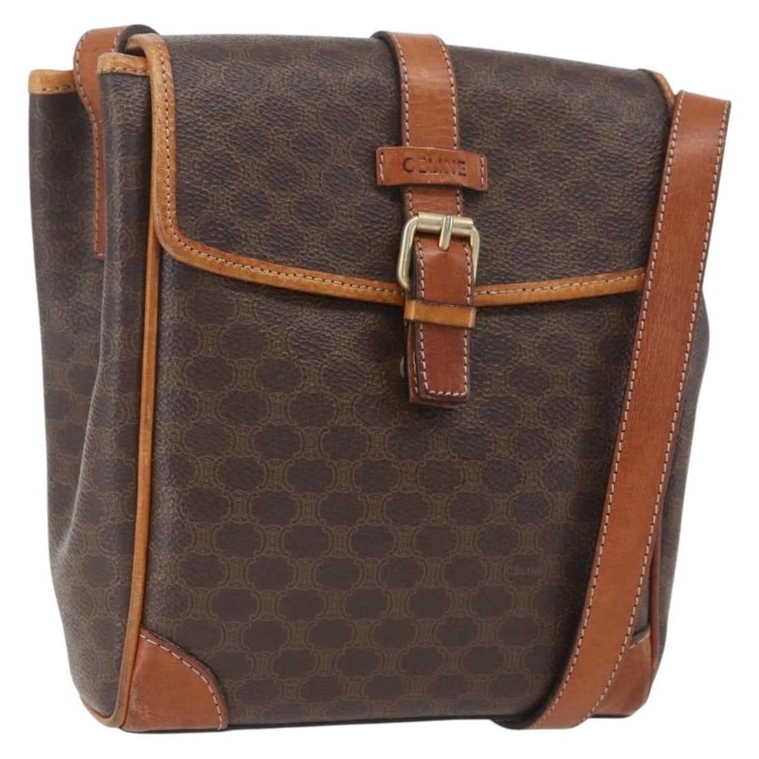 Celine Macadam Pattern Brown Shoulder Bag PVC Leather Gold Details: Celine Macadam Pattern Brown Shoulder Bag PVC Leather Gold Details This Celine Macadam Canvas shoulder bag is crafted from brown and gold PVC leather and features the signature Macadam pattern. The ba