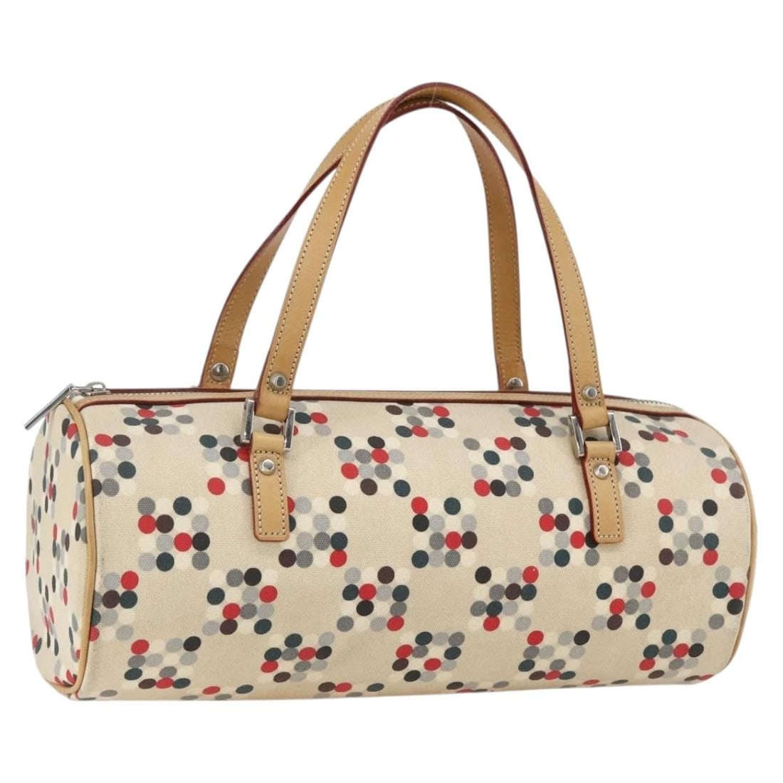 Burberry Blue Label Canvas Handbag in Beige and Silver Tones: Burberry Blue Label Canvas Handbag in Beige and Silver Tones This BURBERRY Blue Label hand bag is crafted from beige and silver canvas and was made in Japan. The bag shows signs of heavy use, includin