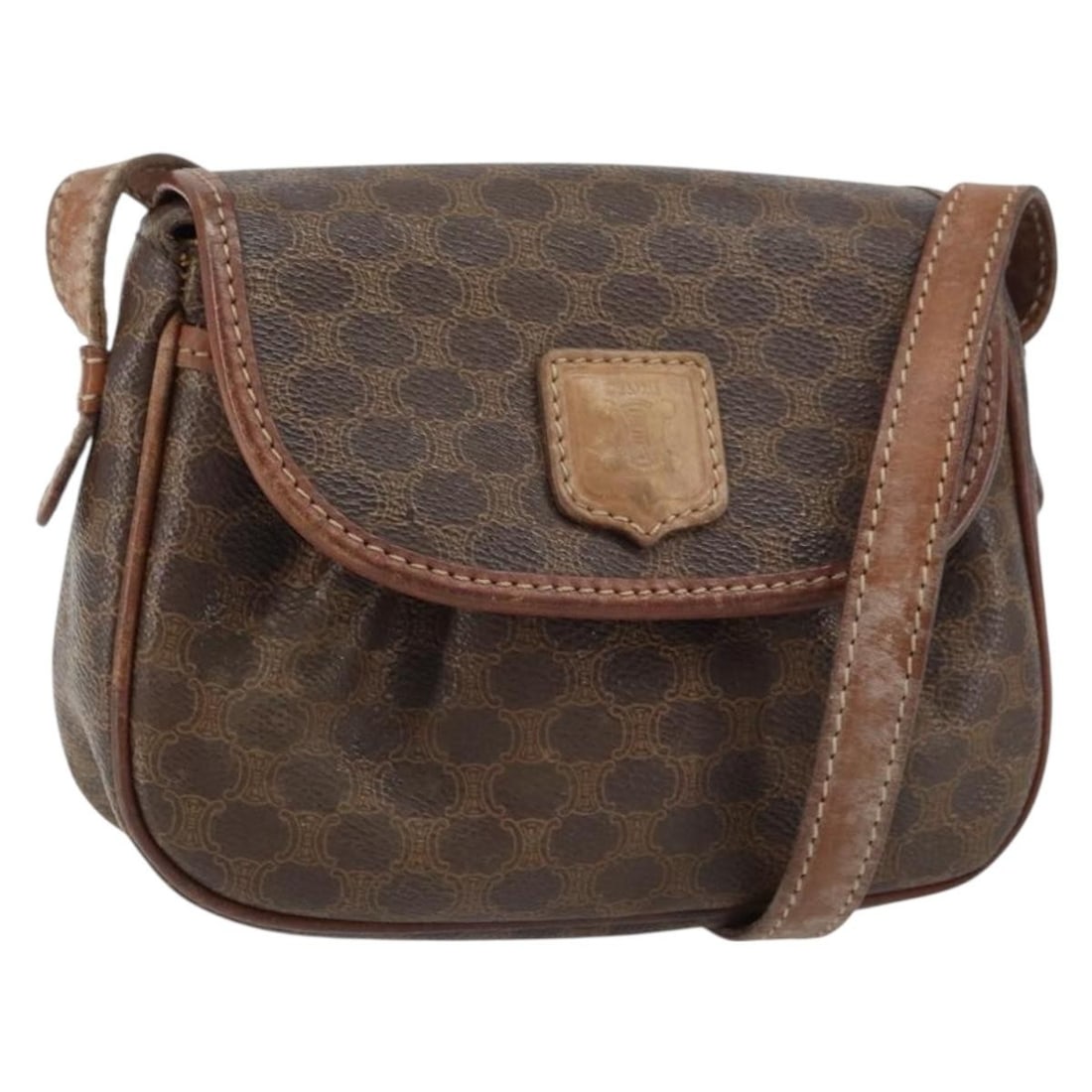 CELINE Macadam Canvas Shoulder Bag Brown Gold PVC Leather Auth: CELINE Macadam Canvas Shoulder Bag Brown Gold PVC Leather Auth This exquisite CELINE Macadam Canvas Shoulder Bag is a perfect blend of style and functionality. Crafted in Italy, it features a chic bro
