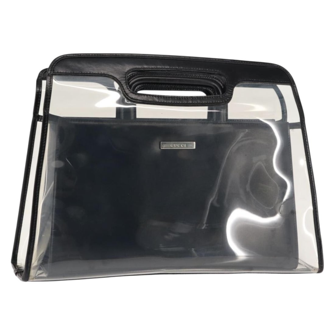 GUCCI Black Clear Vinyl Hand Bag Italy Authentic: GUCCI Black Clear Vinyl Hand Bag Italy Authentic This authentic GUCCI hand bag is a stylish accessory crafted in Italy from durable vinyl. Featuring a chic black and clear design, this bag combines fu