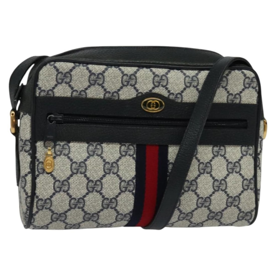 GUCCI GG Supreme Shoulder Bag PVC Navy Gold 68 02 004 Auth Italy: GUCCI GG Supreme Shoulder Bag PVC Navy Gold 68 02 004 Auth Italy This GUCCI GG Supreme Sherry Line Shoulder Bag is a stylish accessory crafted from durable PVC leather in a sophisticated navy and gold
