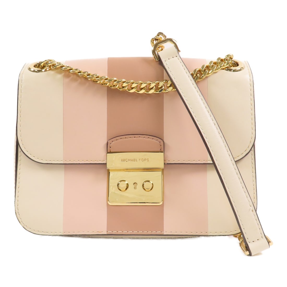 White and Pink Michael Kors Calfskin Shoulder Bag with Gold Chain: White and Pink Michael Kors Calfskin Shoulder Bag with Gold Chain This Michael Kors shoulder bag features a white and pink design crafted from calfskin leather. The bag is designed with a chain strap
