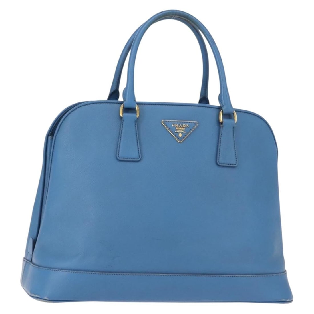 PRADA Saffiano Leather Hand Bag Blue Gold Italy Auth FM4916: PRADA Saffiano Leather Hand Bag Blue Gold Italy Auth FM4916 This PRADA Hand Bag is crafted from luxurious Saffiano leather in a striking blue and gold color combination. The bag features a spacious de