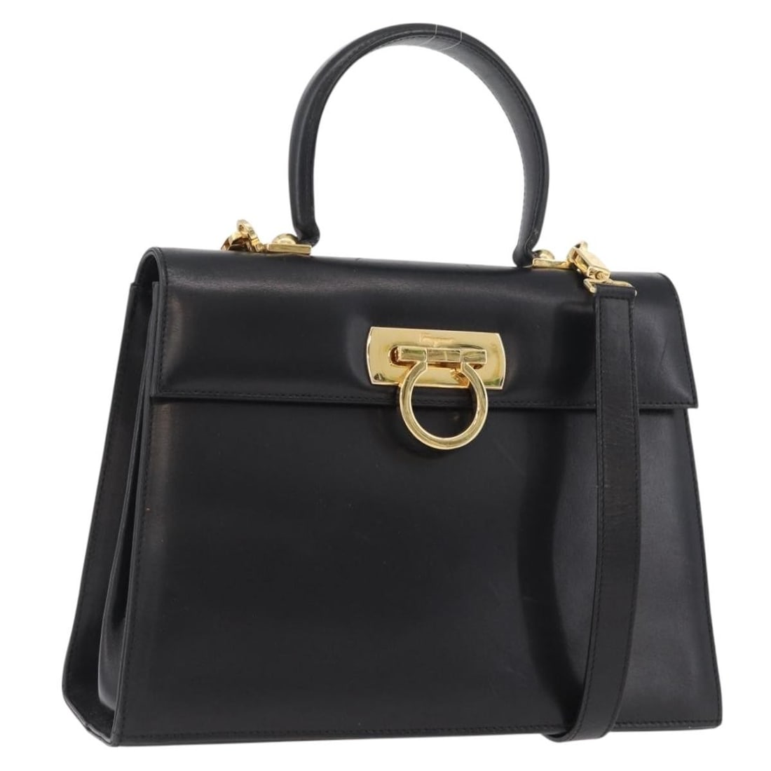 Salvatore Ferragamo Leather Gancini Black Gold Handbag 2way Made in Italy (1 of 18)