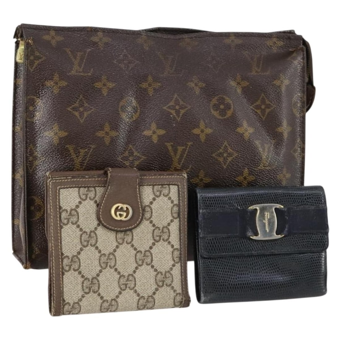 LOUIS VUITTON Gucci Ferragamo 3 Piece Bag Wallet Set Black Auth: LOUIS VUITTON Gucci Ferragamo 3 Piece Bag Wallet Set Black Auth This set features a stylish wallet from LOUIS VUITTON, crafted from durable Monogram Canvas in a chic combination of Monogram, Black, an