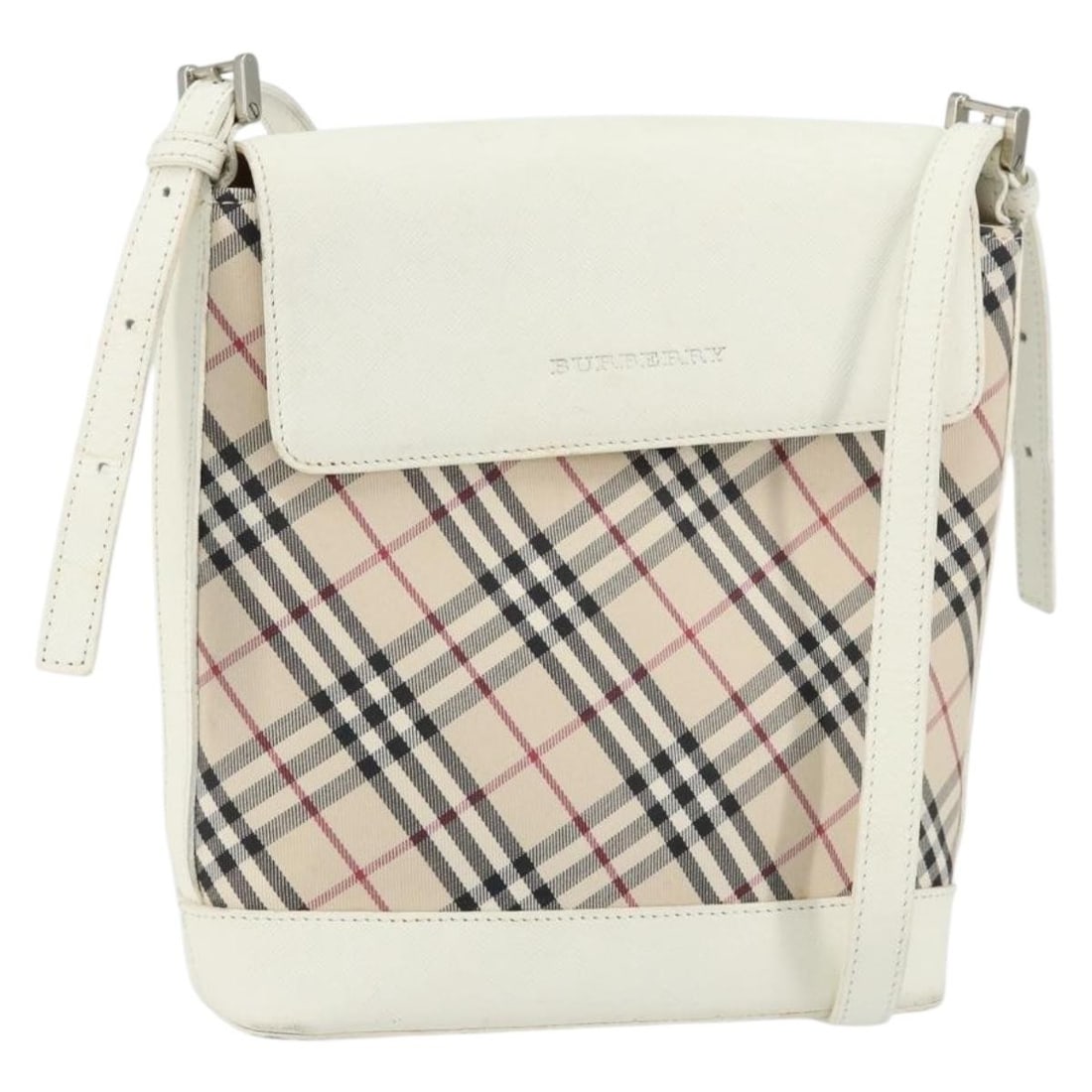 BURBERRY Nova Check Canvas Shoulder Bag White Silver Authentic: BURBERRY Nova Check Canvas Shoulder Bag White Silver Authentic This Burberry Nova Check Shoulder Bag is a stylish canvas accessory that combines function with a touch of luxury. Featuring a chic white