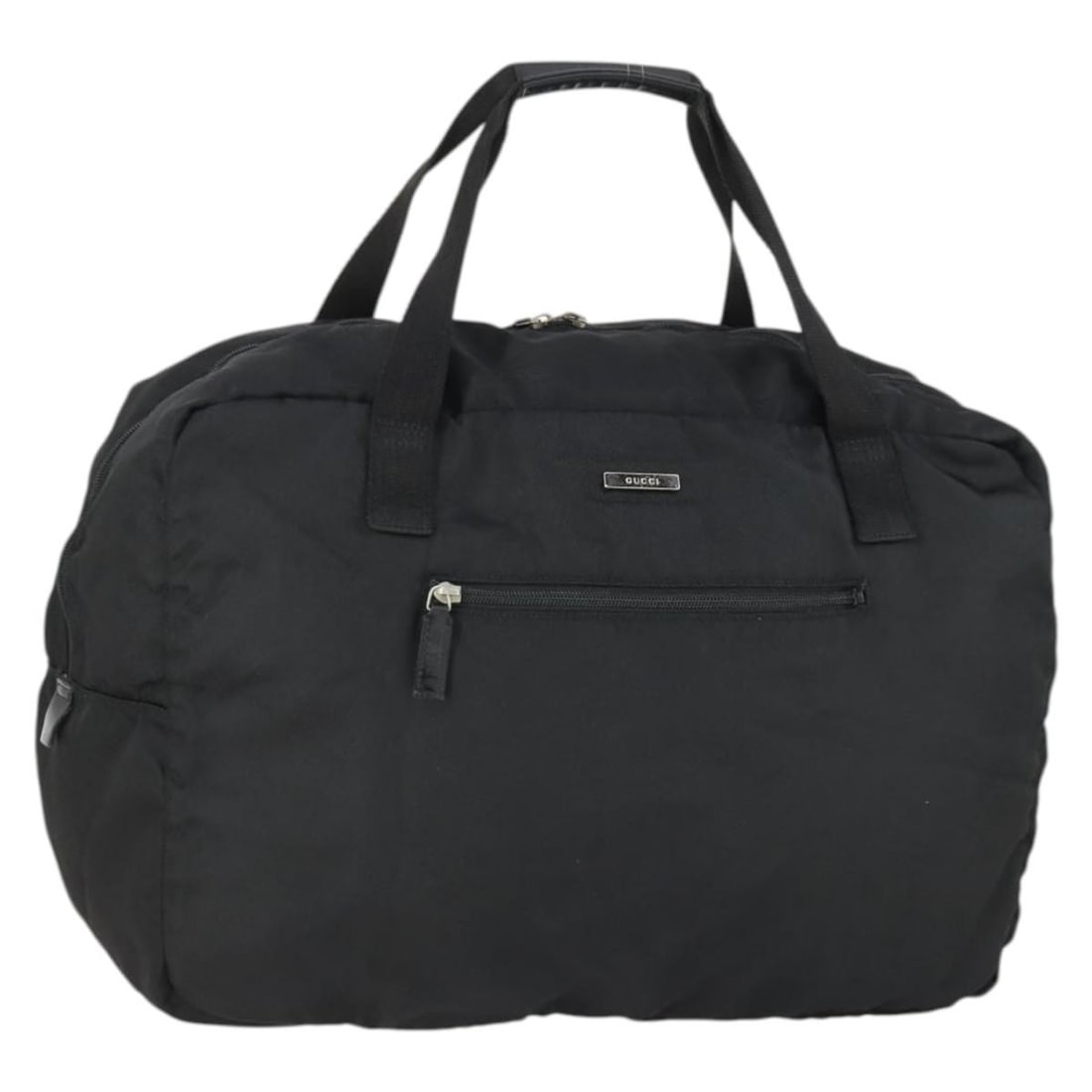 Gucci Black Nylon Boston Bag Model 012 0389 Silver Tone Trim: Gucci Black Nylon Boston Bag Model 012 0389 Silver Tone Trim This GUCCI Boston Bag is crafted from black nylon with silver-tone accents. The bag features a spacious design, dual top handles, and a sec