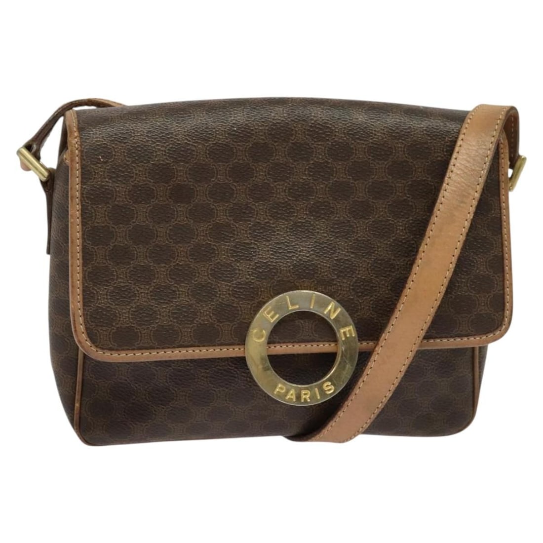 CELINE Macadam Canvas Circle Shoulder Bag PVC Leather Brown Gold Auth: CELINE Macadam Canvas Circle Shoulder Bag PVC Leather Brown Gold Auth This Celine Macadam Canvas Circle Shoulder Bag is a stylish and versatile accessory crafted from durable PVC leather in a rich bro