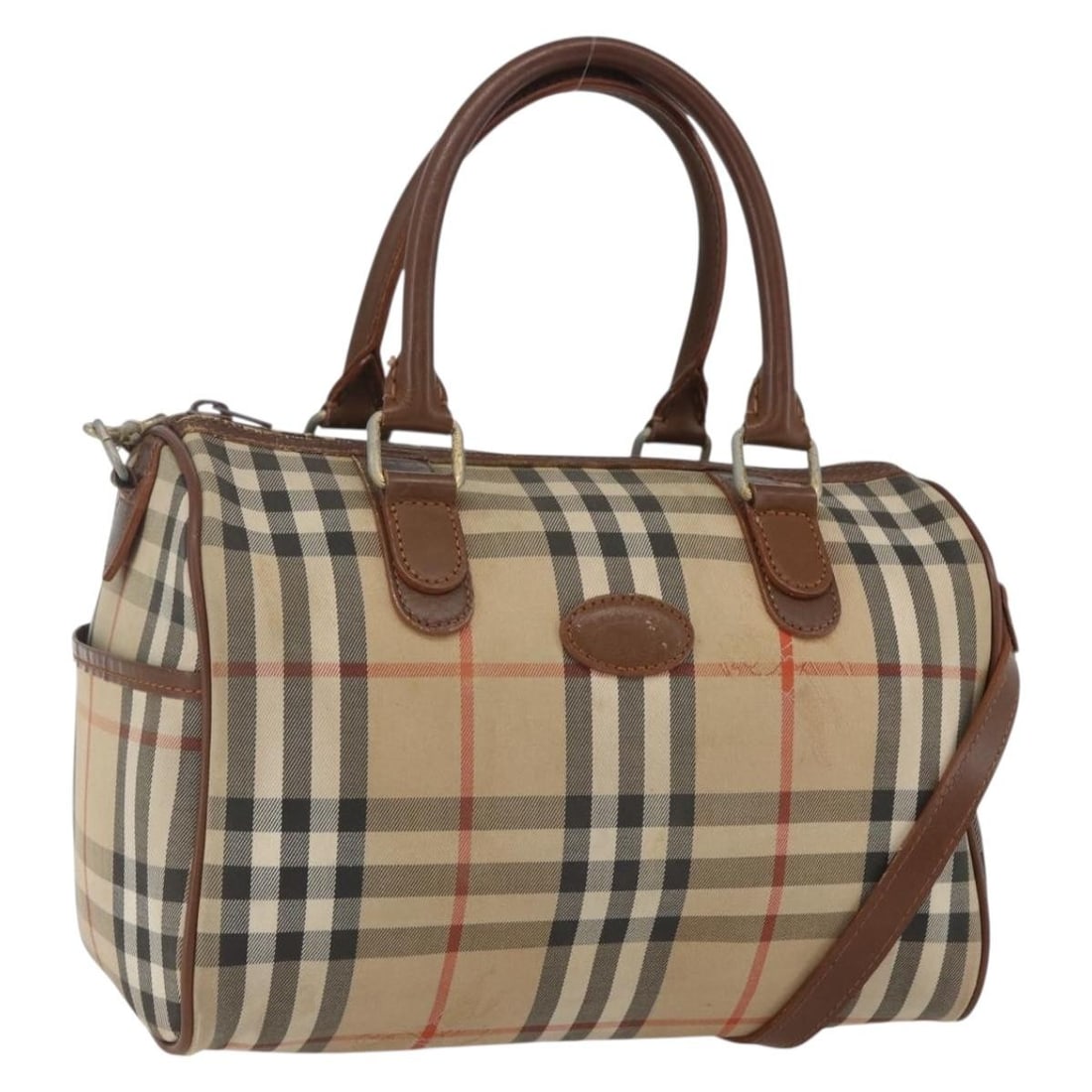 Burberrys Nova Check Beige Nylon Convertible Handbag with Shoulder Strap: Burberrys Nova Check Beige Nylon Convertible Handbag with Shoulder Strap This Burberrys Nova Check handbag features a beige and silver color scheme in durable nylon material. Designed for versatility,