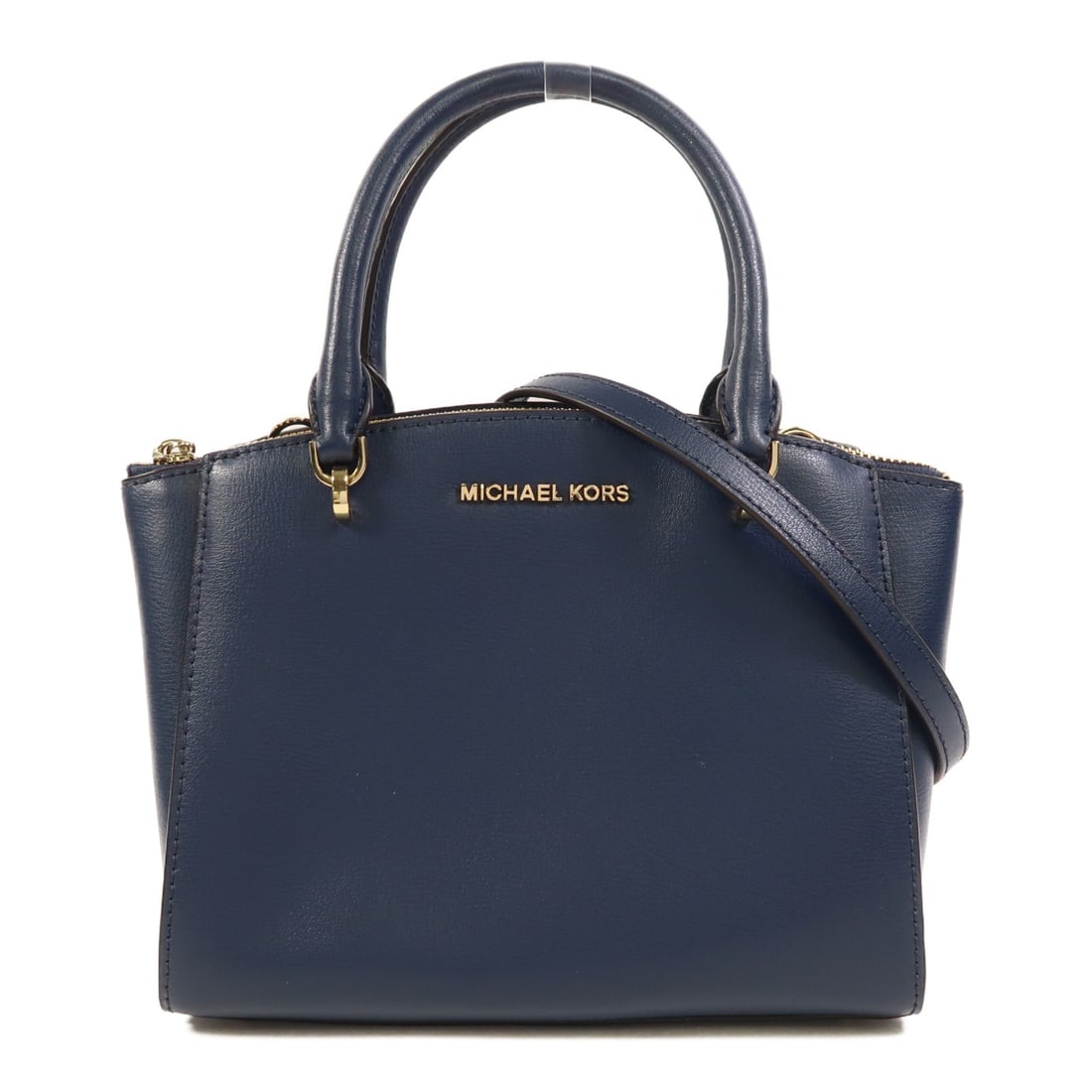 Navy Calfskin Leather Michael Kors Two Way Shoulder Bag with Gold Hardware: Navy Calfskin Leather Michael Kors Two Way Shoulder Bag with Gold Hardware This Michael Kors 2-way shoulder bag is crafted from navy calfskin leather and features gold-tone hardware. Designed for vers