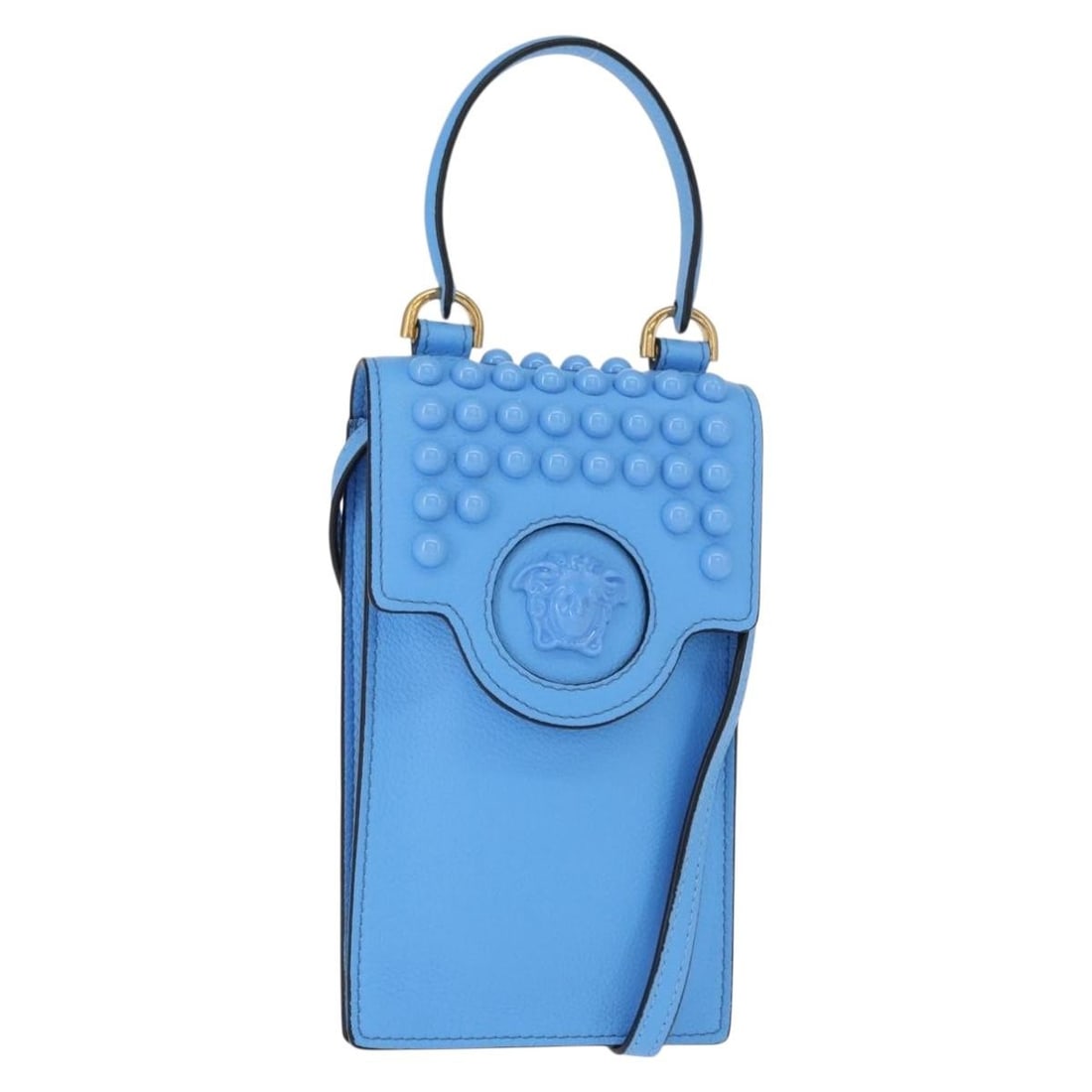 Light Blue Leather Versace Phone Shoulder Bag with Gold Tone and Dust Bag: Light Blue Leather Versace Phone Shoulder Bag with Gold Tone and Dust Bag This Versace phone pouch shoulder bag is crafted from light blue leather with gold-tone accents. Designed for versatility, it