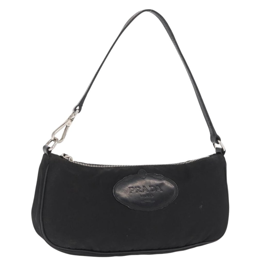 Prada Black Nylon Italian Shoulder Bag with Silver Accents: Prada Black Nylon Italian Shoulder Bag with Silver Accents This PRADA shoulder bag is crafted from black nylon with silver-tone accents. It features a compact design with an approximate width of 9.8 i