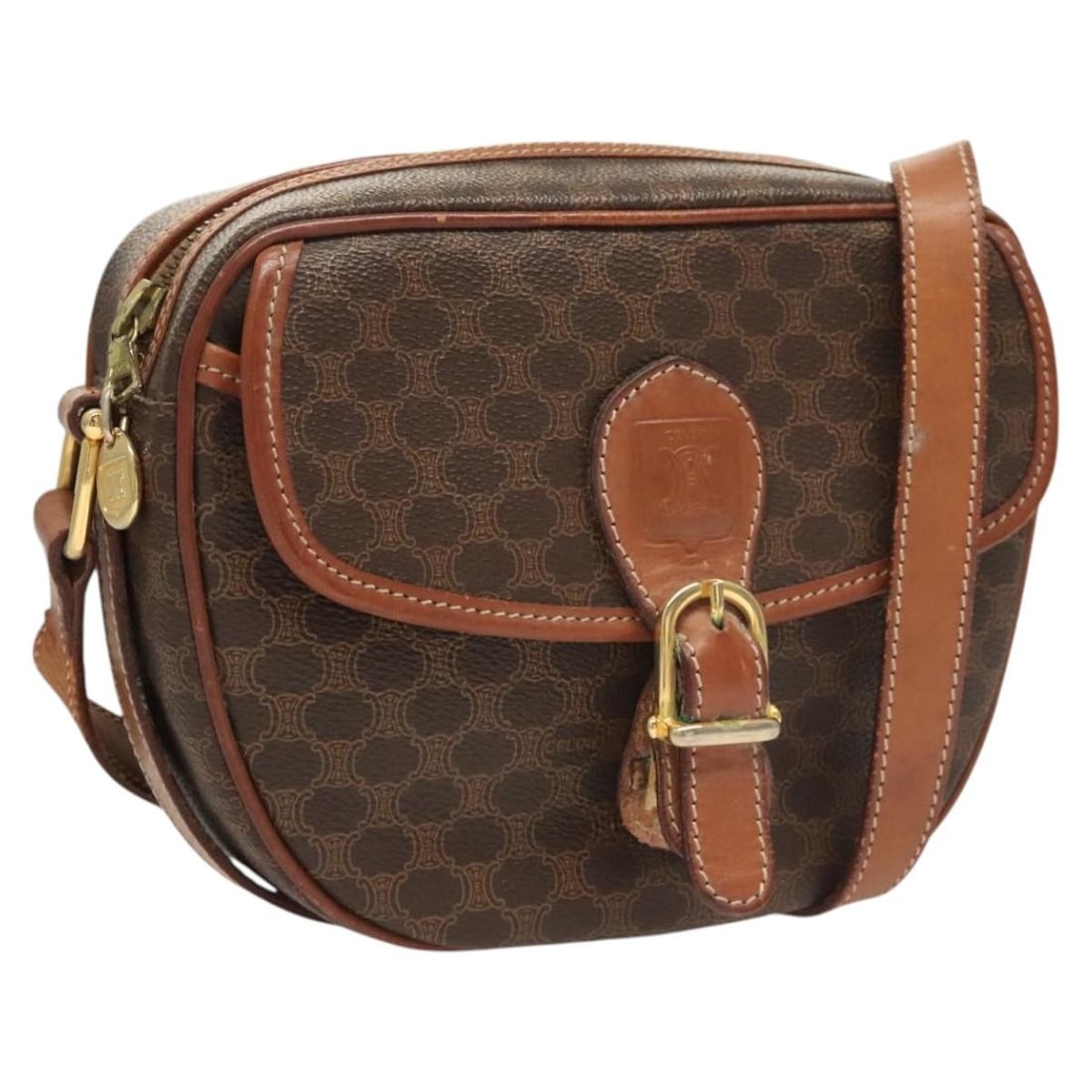 CELINE Brown Gold PVC Macadam Canvas Shoulder Bag Made in Italy: CELINE Brown Gold PVC Macadam Canvas Shoulder Bag Made in Italy This CELINE Macadam Canvas Shoulder Bag is crafted from durable PVC leather, featuring a stylish combination of brown and gold colors th