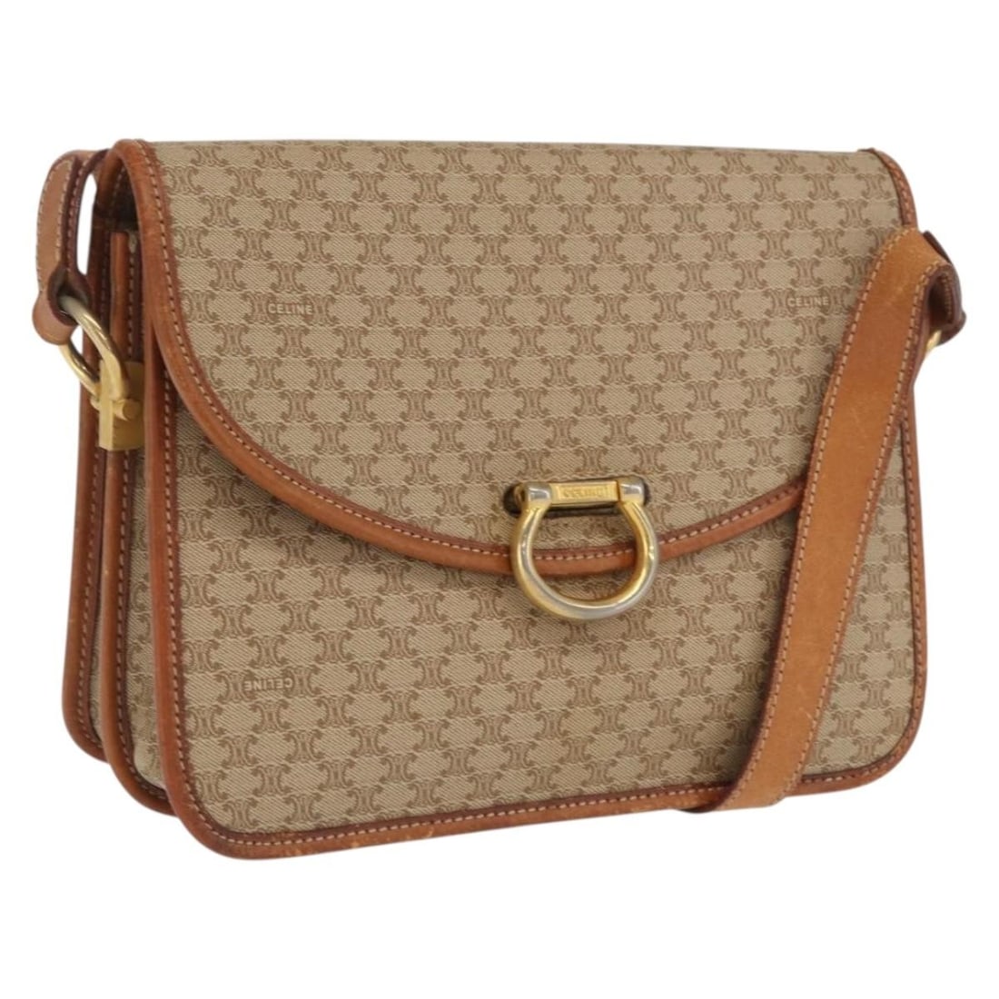 Celine Macadam Beige PVC Macadam Canvas Shoulder Bag Gold Tone Accents: Celine Macadam Beige PVC Macadam Canvas Shoulder Bag Gold Tone Accents This CELINE Macadam canvas shoulder bag features a classic beige and gold color combination, crafted from PVC leather and Macadam