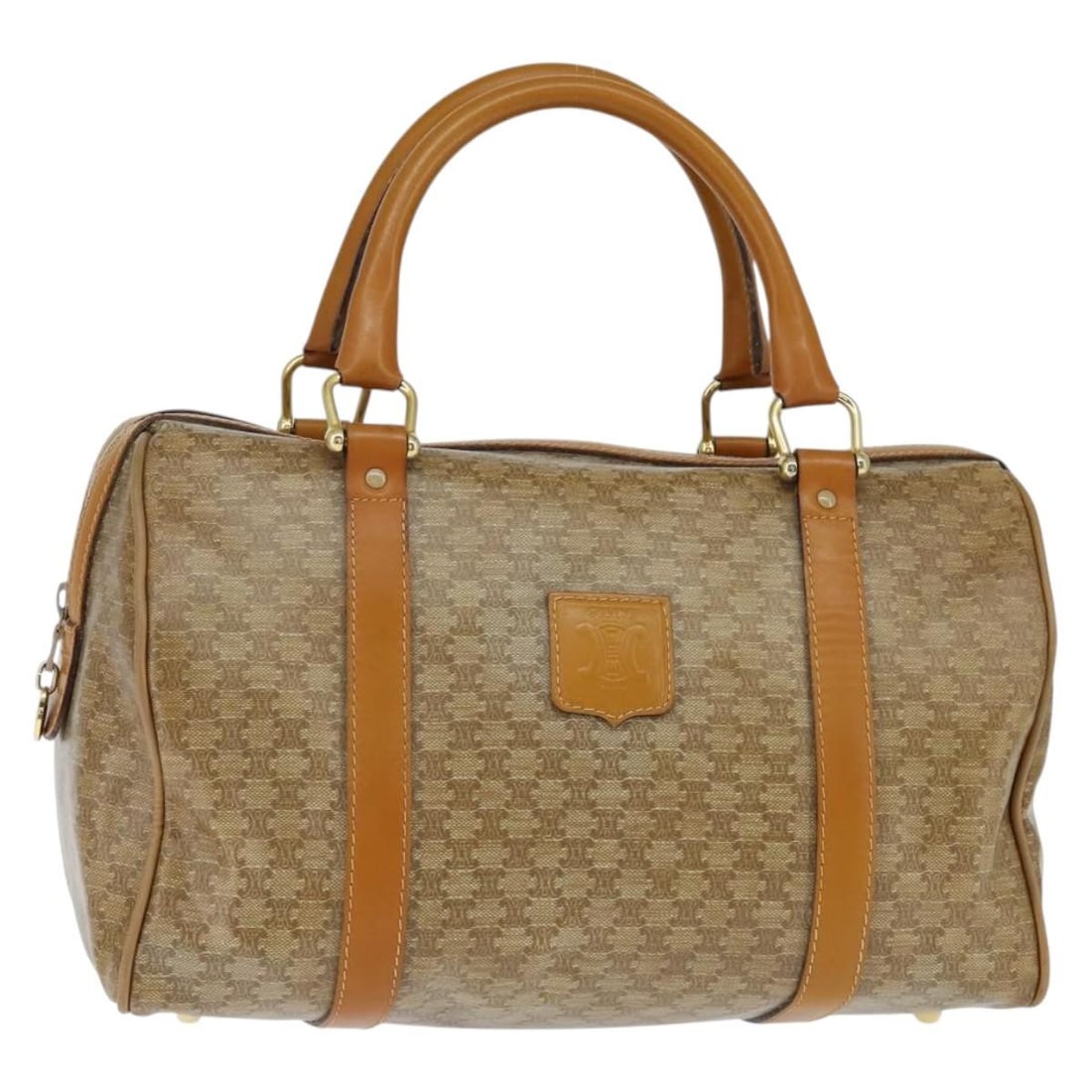 CELINE Macadam Canvas Beige Gold Boston Bag PVC Italy Auth: CELINE Macadam Canvas Beige Gold Boston Bag PVC Italy Auth This authentic CELINE Macadam Canvas Boston Bag is a stylish accessory that combines functionality with elegance. Crafted in Italy from durab