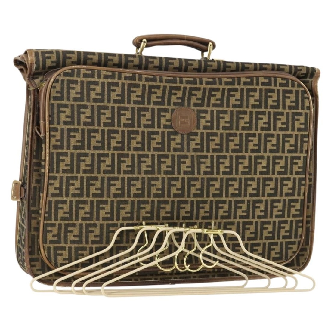 Fendi Zucca Canvas Garment Bag Brown Black Gold with Name Tag: Fendi Zucca Canvas Garment Bag Brown Black Gold with Name Tag This FENDI Zucca Canvas garment cover features a classic brown and black design with gold accents. Crafted in Italy from durable Zucca can