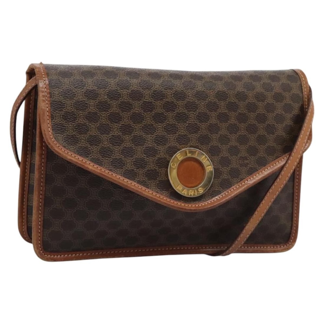 CELINE Brown Gold PVC Leather Macadam Canvas Shoulder Bag Auth Italy: CELINE Brown Gold PVC Leather Macadam Canvas Shoulder Bag Auth Italy This Celine Macadam Canvas Shoulder Bag combines elegance and practicality. Crafted from durable PVC leather, it features a chic br