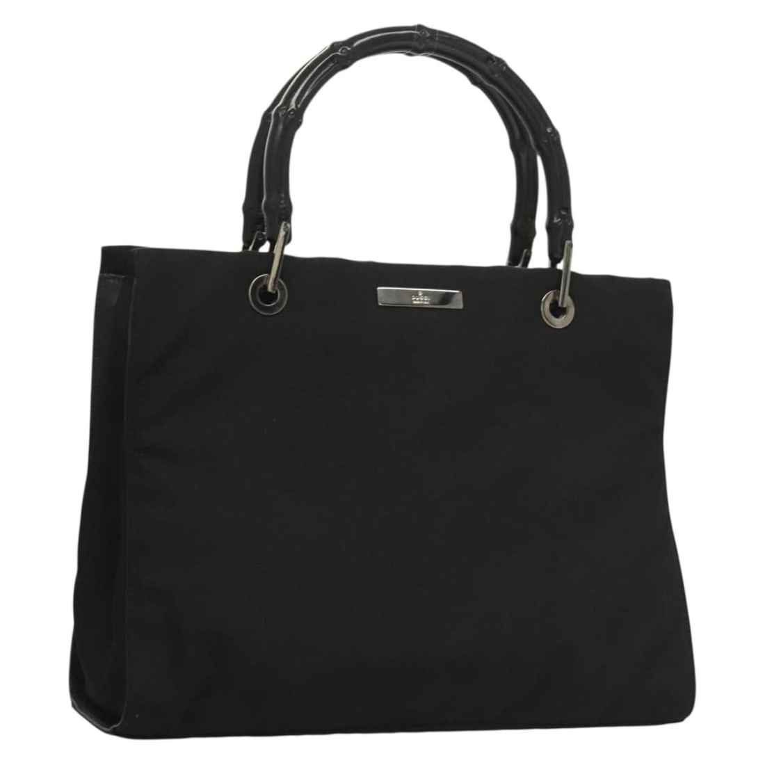 GUCCI Bamboo Hand Bag Nylon Black Silver 002 1016 Authentic: GUCCI Bamboo Hand Bag Nylon Black Silver 002 1016 Authentic This authentic GUCCI Bamboo Hand Bag combines elegance with practicality. Crafted from durable nylon in a sleek black and silver color schem