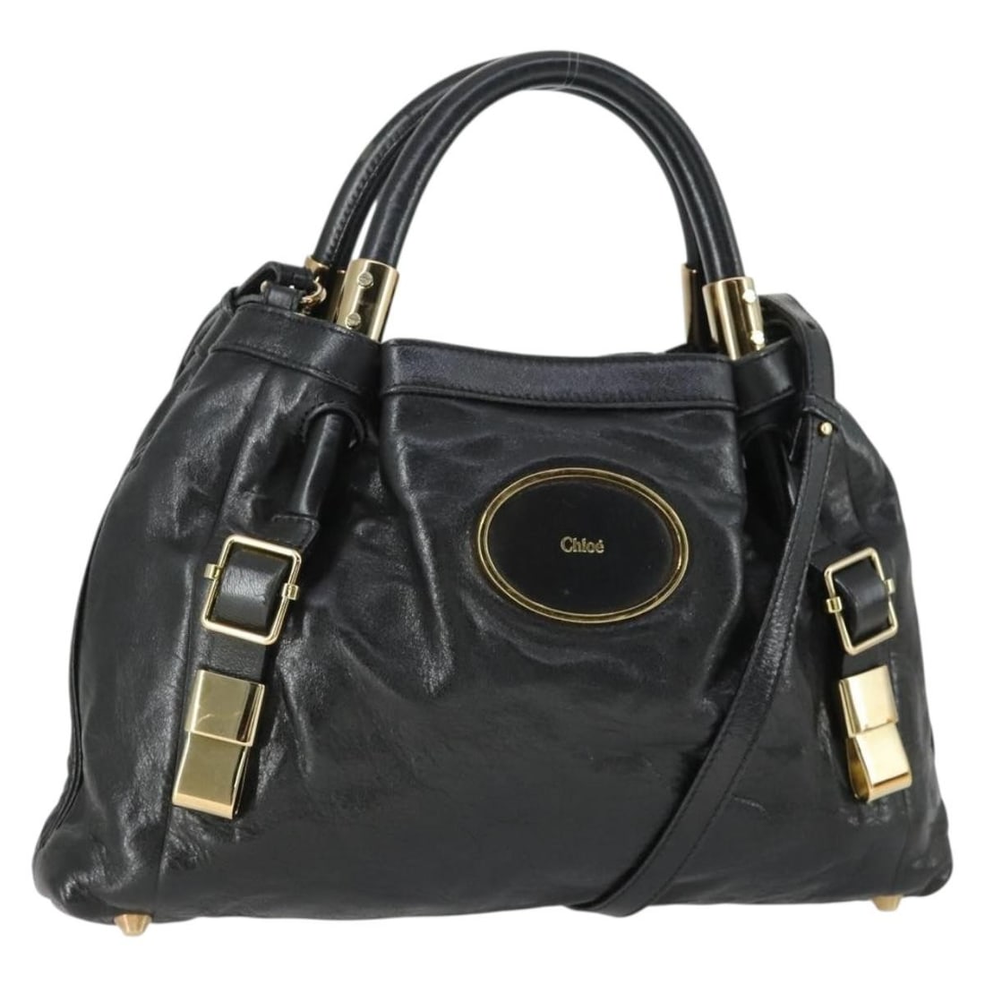 Chloe Victoria Black Leather Convertible Handbag with Gold Accents: Chloe Victoria Black Leather Convertible Handbag with Gold Accents This Chloe Victoria 2-way handbag is crafted from black leather with gold accents. The bag features both a top handle and a shoulder