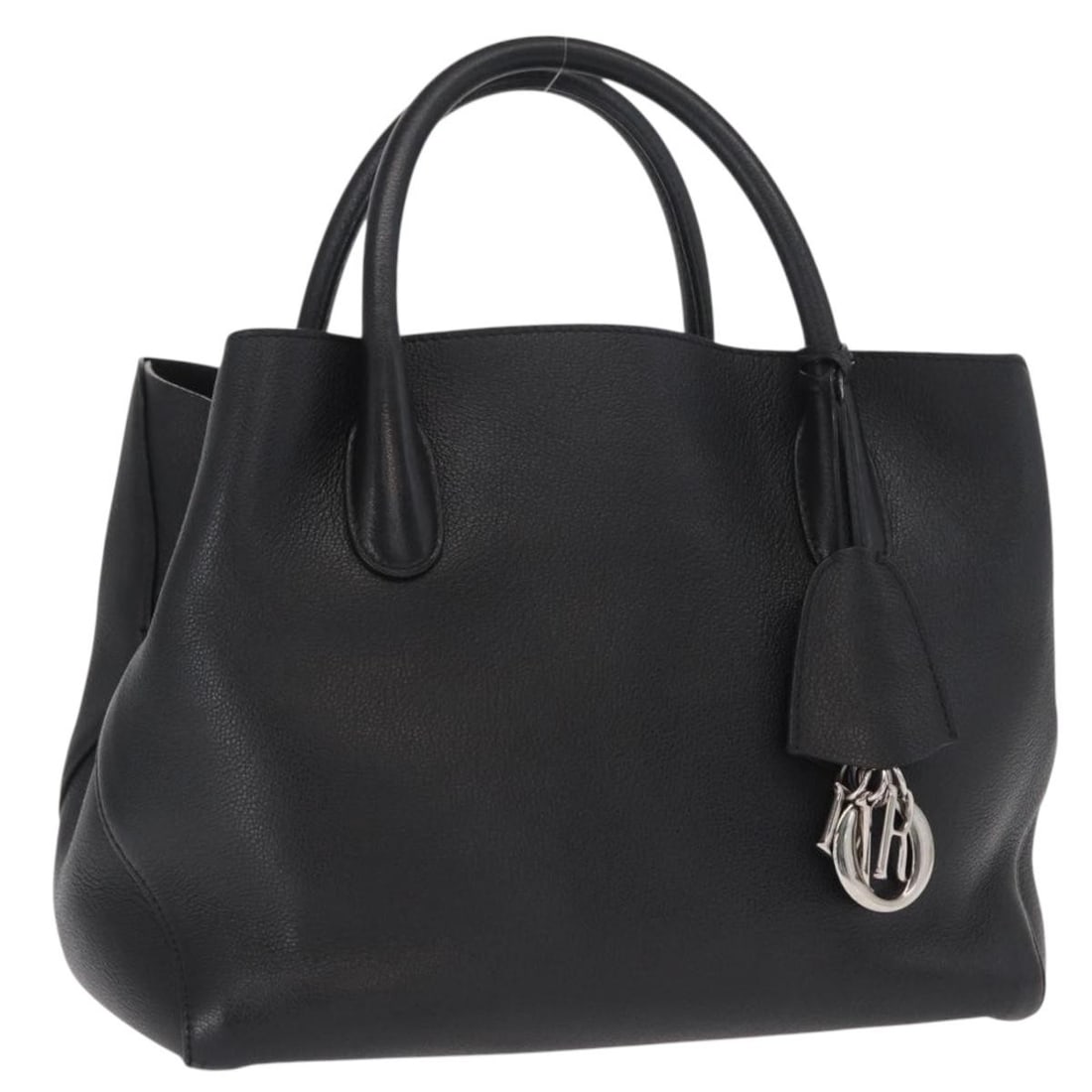 Christian Dior Black Leather Handbag with Silver Accents and Accessories: Christian Dior Black Leather Handbag with Silver Accents and Accessories This Christian Dior handbag features a black leather exterior with silver-tone accents. The bag has a structured shape with app