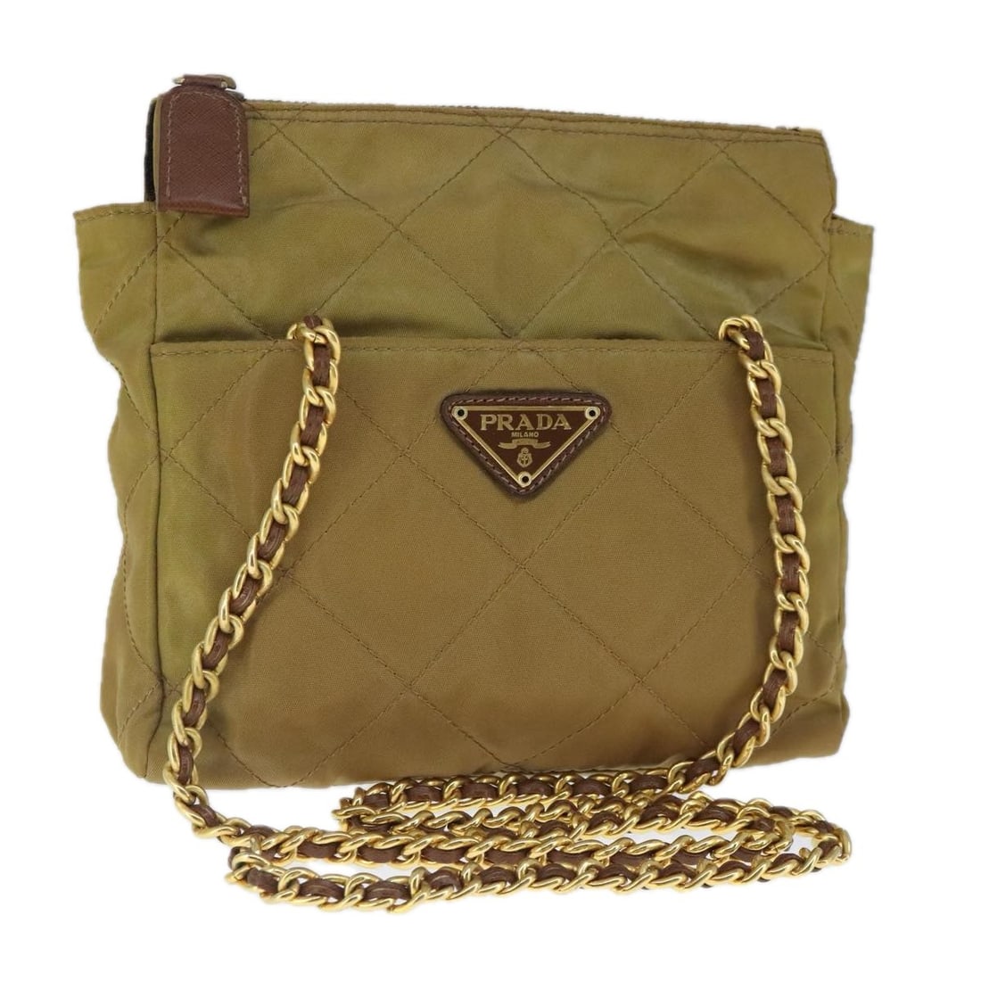 PRADA Beige Gold Nylon Chain Shoulder Bag Made in Italy: PRADA Beige Gold Nylon Chain Shoulder Bag Made in Italy Elevate your style with this authentic PRADA Chain Shoulder Bag, expertly crafted in Italy. This chic shoulder bag features a sophisticated beig