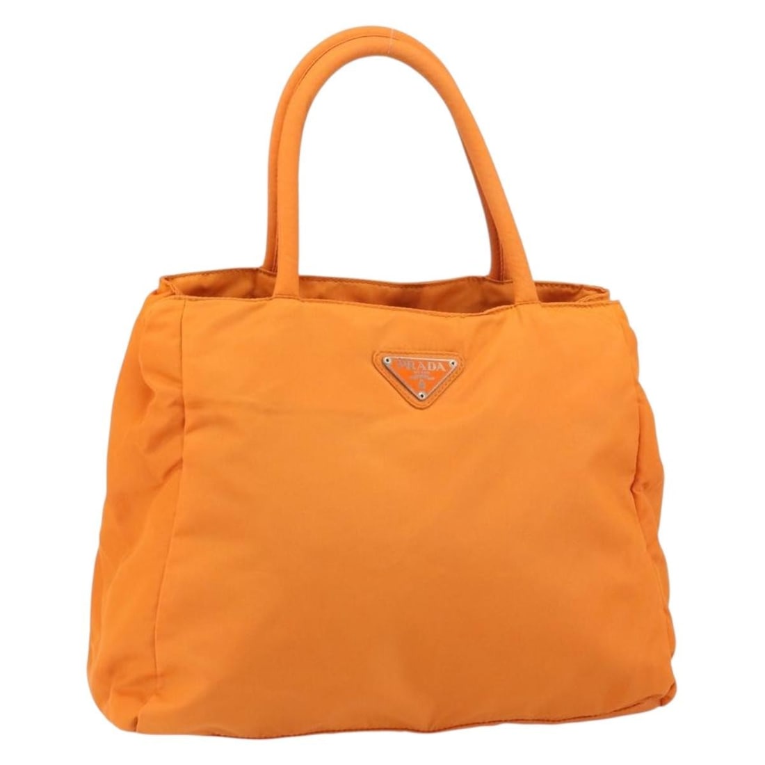 Prada Orange Nylon Tote with Silver Tone Details Italy: Prada Orange Nylon Tote with Silver Tone Details Italy This PRADA tote bag features a vibrant orange and silver color scheme crafted from nylon. Made in Italy, the bag offers a spacious interior with