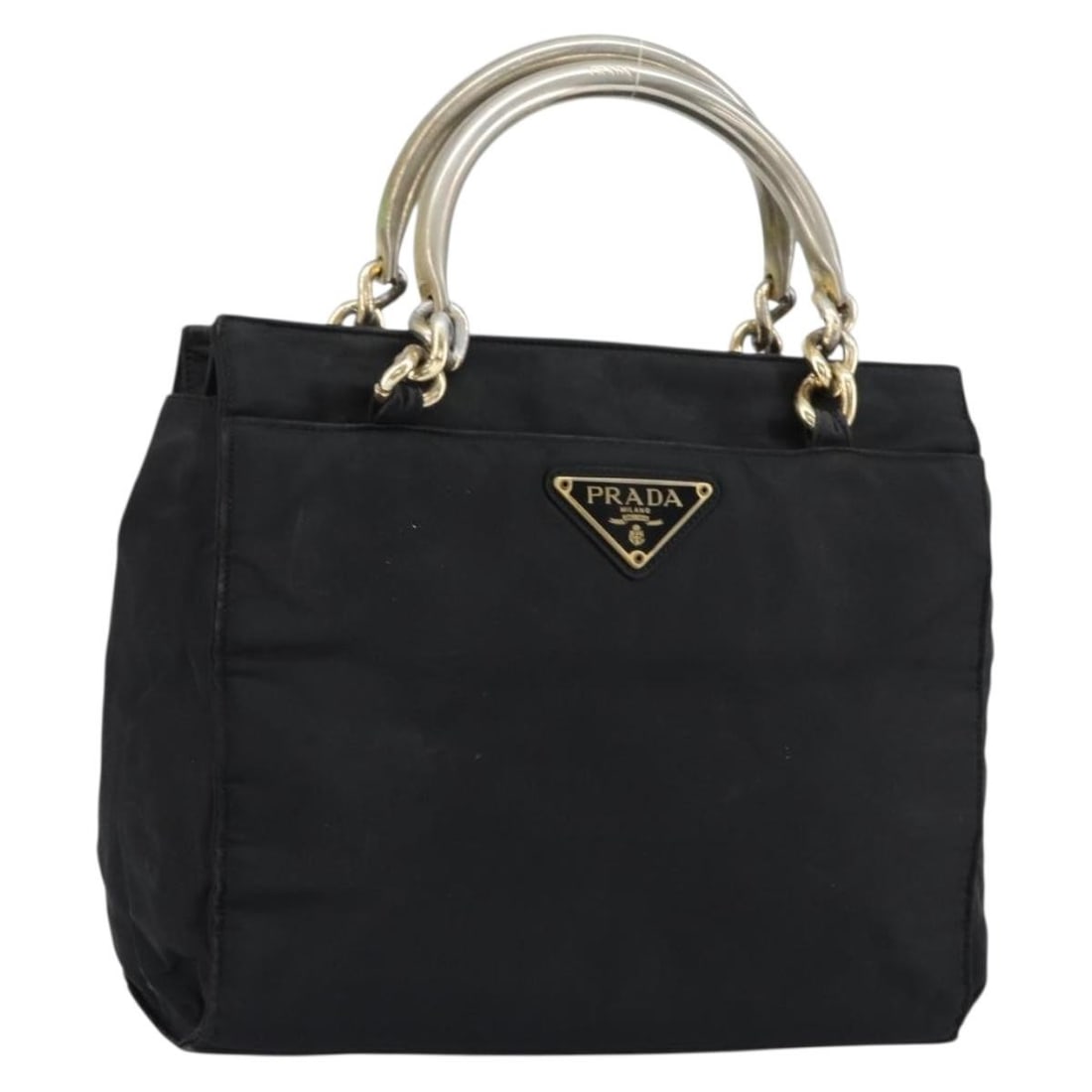 PRADA Black Silver Nylon Chain Hand Bag Italy Authentic: PRADA Black Silver Nylon Chain Hand Bag Italy Authentic This authentic PRADA chain handbag is a stylish accessory crafted from durable nylon in a classic black and silver color scheme. Designed for bo