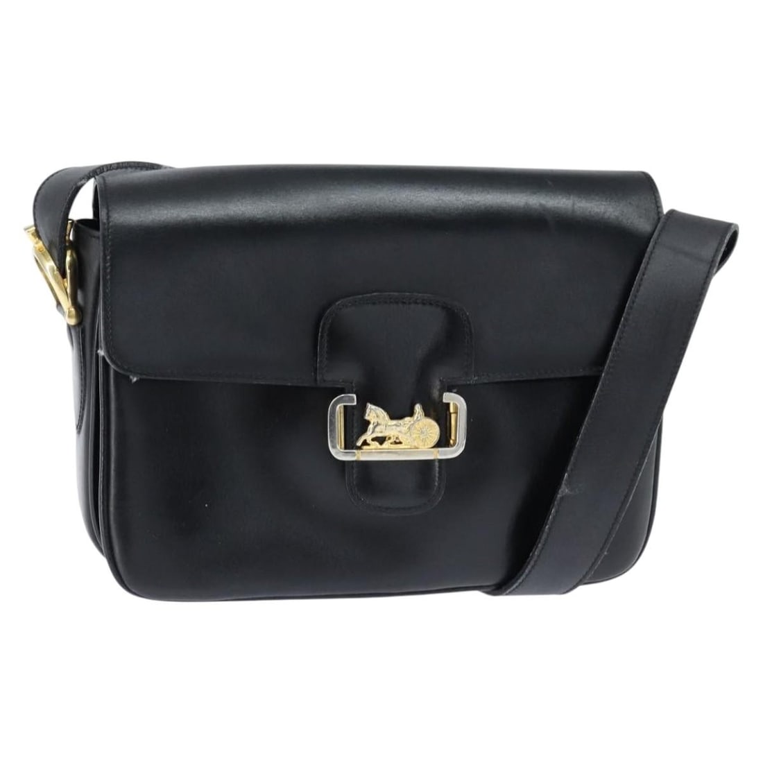 CELINE Black Gold Leather Horse Carriage Shoulder Bag Italy: CELINE Black Gold Leather Horse Carriage Shoulder Bag Italy Introducing the CELINE Horse Carriage Shoulder Bag, a stylish accessory crafted in Italy from high-quality leather. This bag features a slee