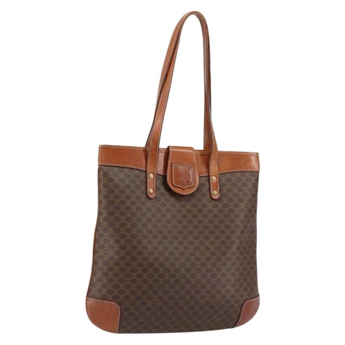 CELINE Macadam Canvas Shoulder Bag Brown Gold PVC Leather Auth: CELINE Macadam Canvas Shoulder Bag Brown Gold PVC Leather Auth This CELINE Macadam Canvas Shoulder Bag is a stylish accessory, crafted from durable PVC leather and featuring a classic brown and gold c