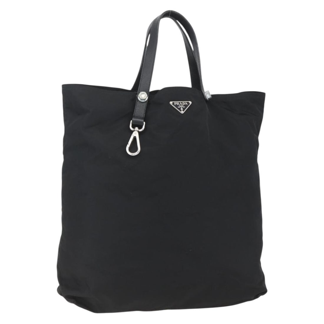 PRADA Black Silver Nylon Tote Bag Made in Italy Auth 160710: PRADA Black Silver Nylon Tote Bag Made in Italy Auth 160710 This authentic PRADA tote bag showcases a sleek design crafted from durable nylon in a classic black and silver color scheme. With dimension