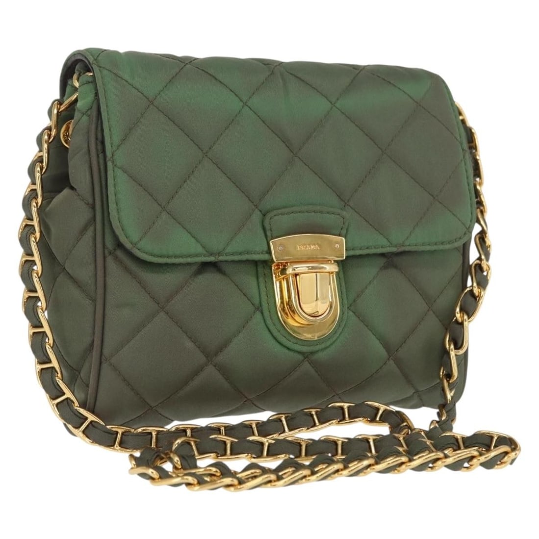 Prada Khaki Nylon Shoulder Bag with Chain Strap and Gold Accents: Prada Khaki Nylon Shoulder Bag with Chain Strap and Gold Accents This Prada shoulder bag features a khaki nylon exterior with gold-tone accents and a chain shoulder strap. Made in Italy, the bag inclu