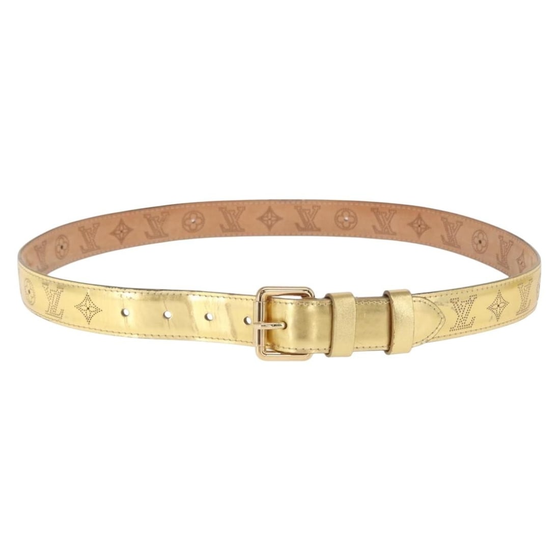 Louis Vuitton Mahina Leather Gold Belt Model M9614W 42.5 Inch: Louis Vuitton Mahina Leather Gold Belt Model M9614W 42.5 Inch This Louis Vuitton Monogram Mahina Ceinture belt features gold-tone leather and a signature perforated monogram design. Crafted in France,