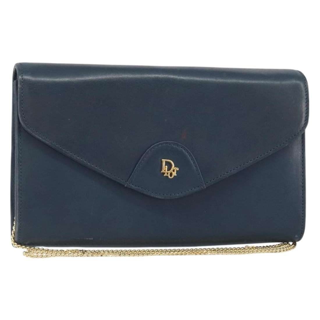 Navy Leather Shoulder Bag by Christian Dior with Gold Chain Detail: Navy Leather Shoulder Bag by Christian Dior with Gold Chain Detail This Christian Dior chain shoulder bag features navy leather with gold accents. The bag shows signs of heavy use, including loss of s
