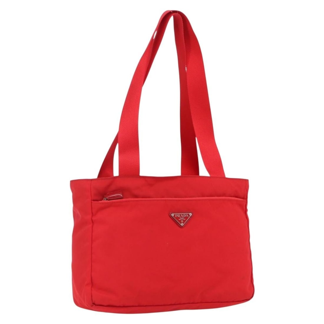 Red Nylon Tote by PRADA with Silver Accents Made in Italy: Red Nylon Tote by PRADA with Silver Accents Made in Italy This PRADA tote bag is crafted from red nylon with silver accents and features a spacious interior. The bag includes double handles with a dro