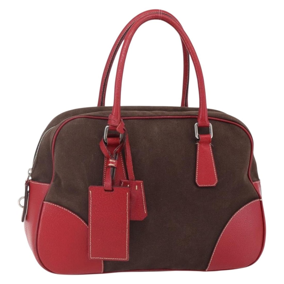 PRADA Canvas Leather Boston Bag Brown Red Silver Italy Auth (1 of 18)
