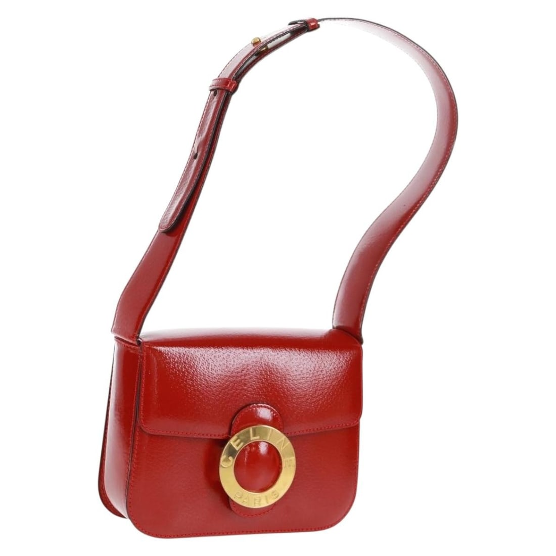 Red Leather Celine Circle Shoulder Bag Gold Accents Italy: Red Leather Celine Circle Shoulder Bag Gold Accents Italy This is a Celine Circle shoulder bag crafted from red leather with gold-tone accents. The bag features a compact design with an adjustable sho