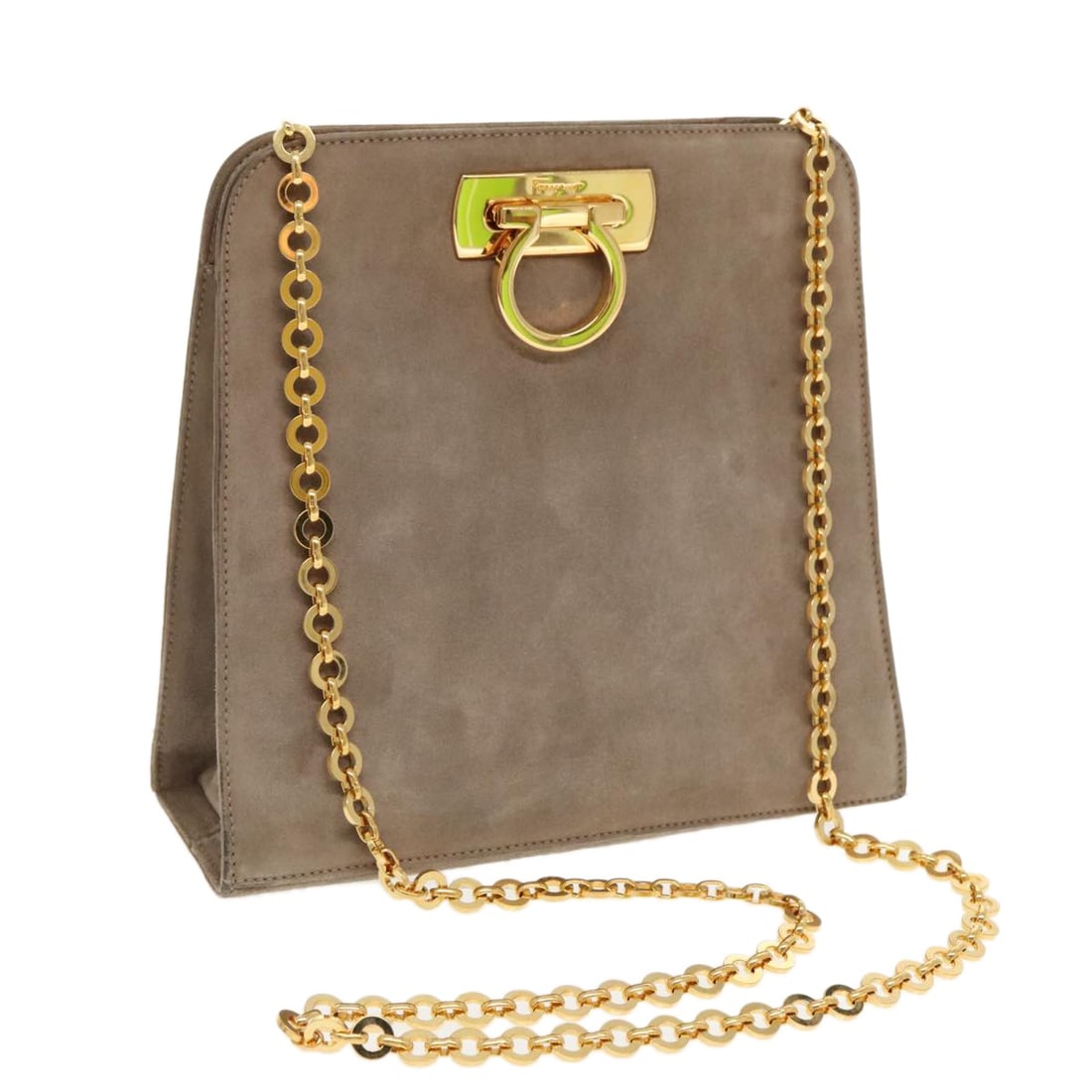 Salvatore Ferragamo Gray Suede Gancini Chain Shoulder Bag Gold Accents Authenticated (1 of 18)