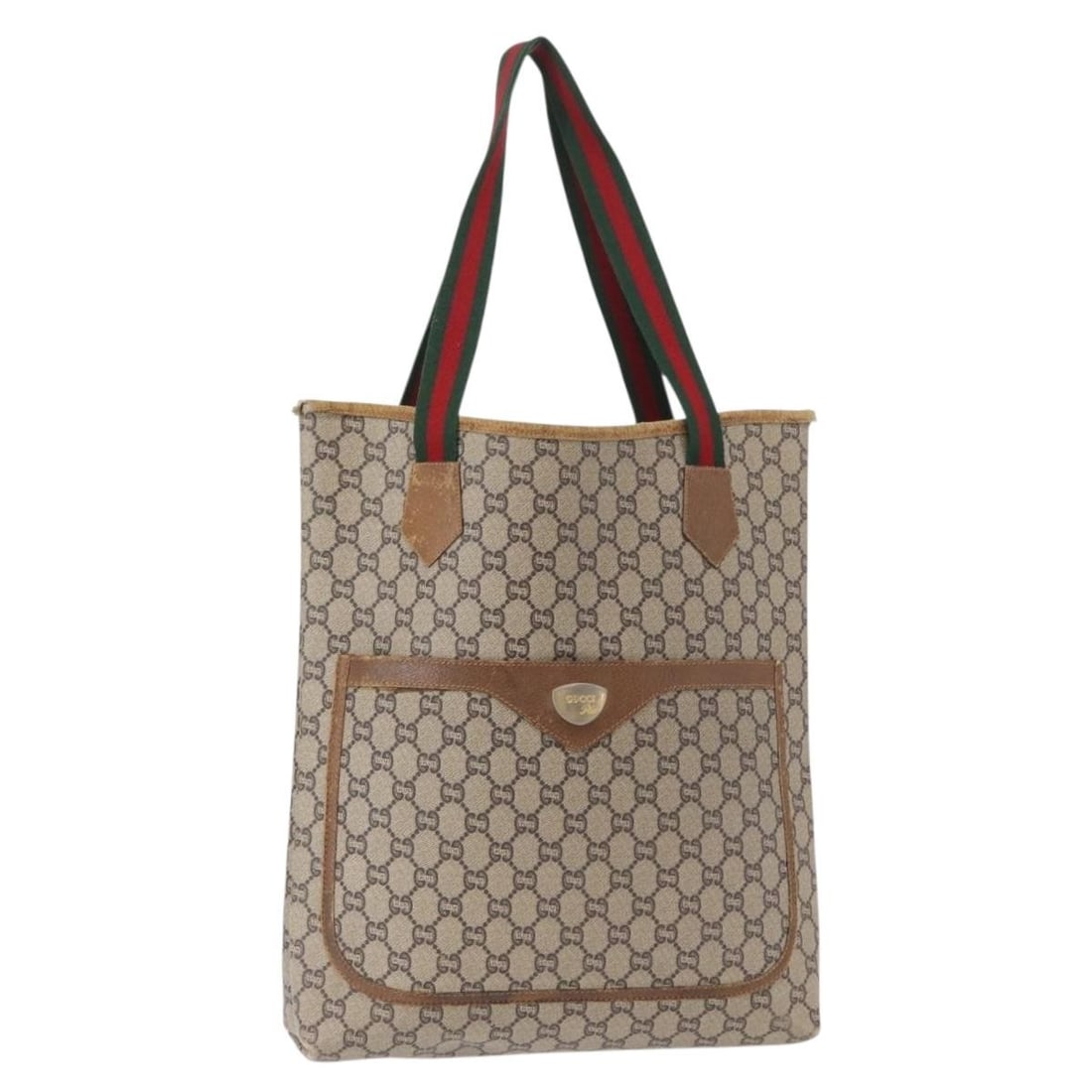 GUCCI Supreme Web Sherry Tote Bag Beige Gold PVC Authentic 151618: GUCCI Supreme Web Sherry Tote Bag Beige Gold PVC Authentic 151618 This GUCCI Plus Supreme Web Sherry Line Tote Bag is a stylish accessory crafted from durable PVC leather with GG canvas accents. The e