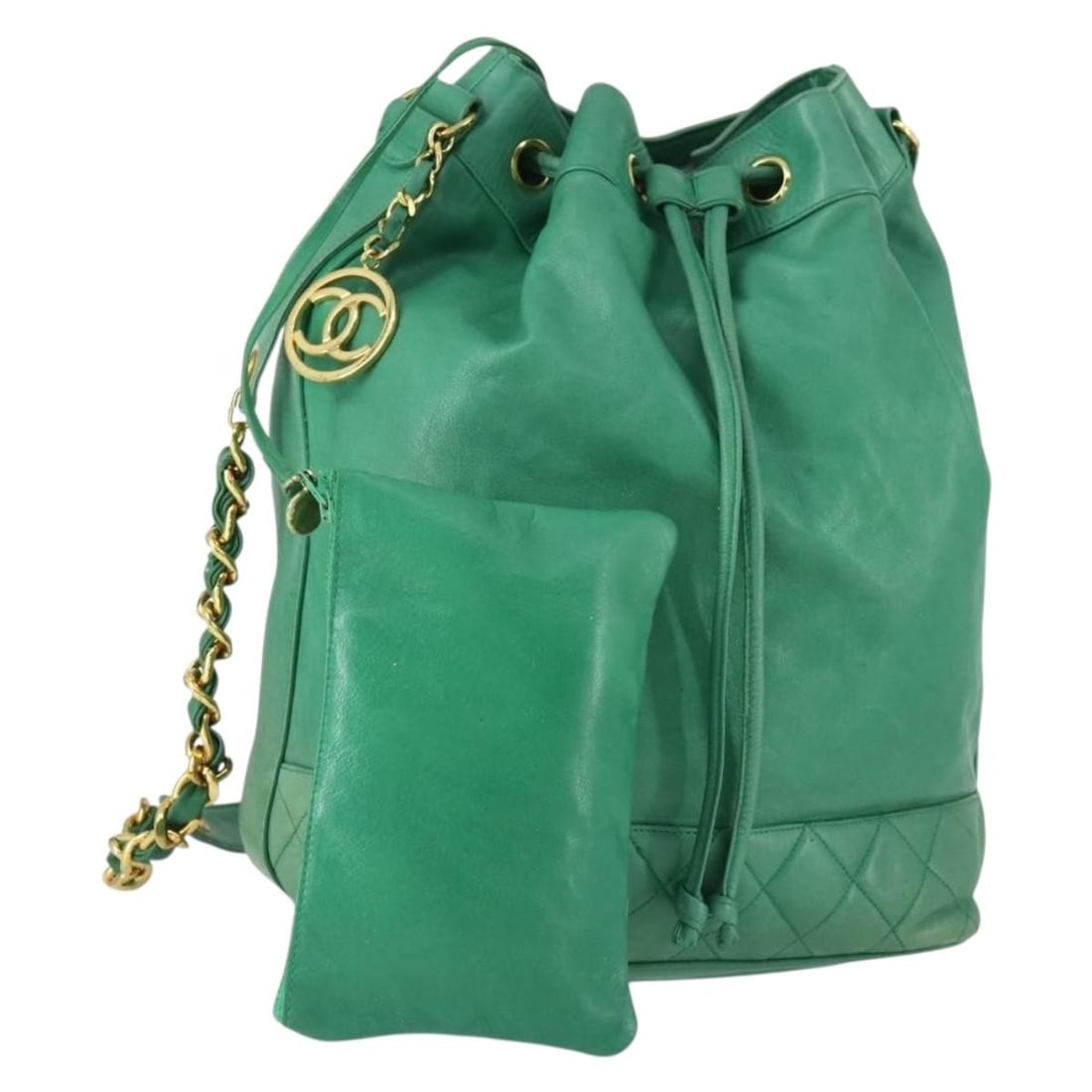 Chanel Green Lambskin Chain Shoulder Bag with Gold CC Logo and Pouch: Chanel Green Lambskin Chain Shoulder Bag with Gold CC Logo and Pouch This is a CHANEL chain shoulder bag crafted from lambskin leather in green with gold-tone accents. The bag features a chain shoulde
