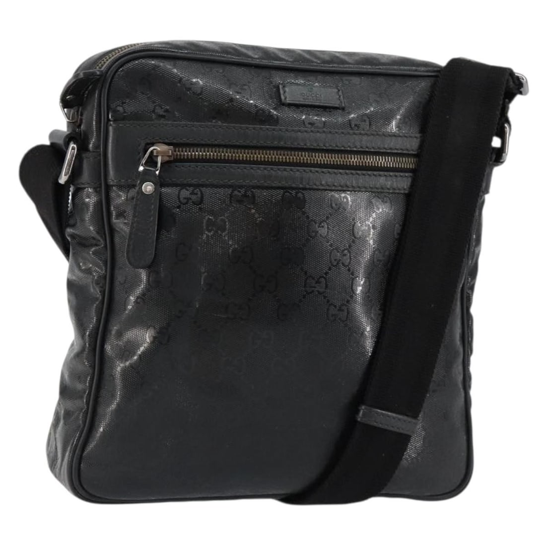 GUCCI GG Implementation Shoulder Bag Coated Canvas Black Silver 201448 Auth: GUCCI GG Implementation Shoulder Bag Coated Canvas Black Silver 201448 Auth Introducing the GUCCI GG Implementation Bag, a stylish shoulder bag crafted from durable coated canvas in a sleek black and