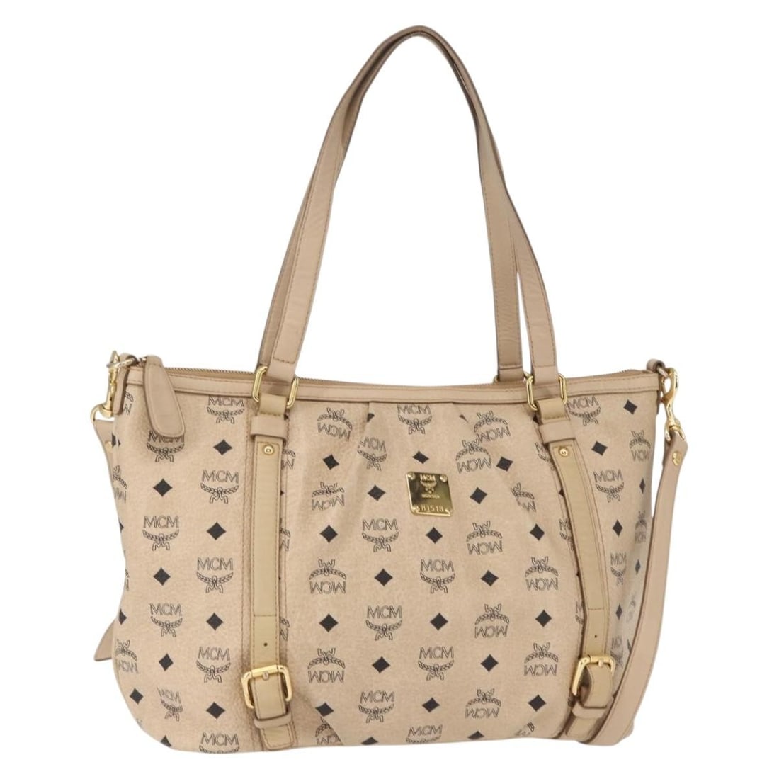 Beige PVC Leather Tote with Shoulder Strap MCM Vicetos Logogram 2way: Beige PVC Leather Tote with Shoulder Strap MCM Vicetos Logogram 2way This MCM Vicetos Logogram tote bag features a beige and gold color scheme with PVC leather construction. Designed for versatile use