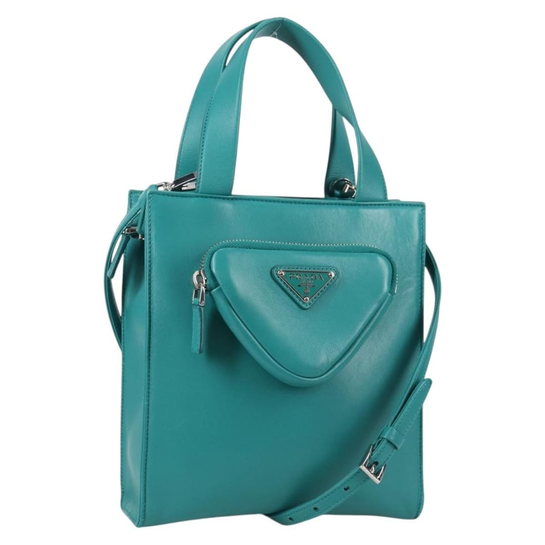 Authentic PRADA Green Silver Leather Hand Bag with Shoulder Strap: Authentic PRADA Green Silver Leather Hand Bag with Shoulder Strap This authentic PRADA handbag combines luxury and functionality, crafted in Italy from high-quality leather. The striking green and sil