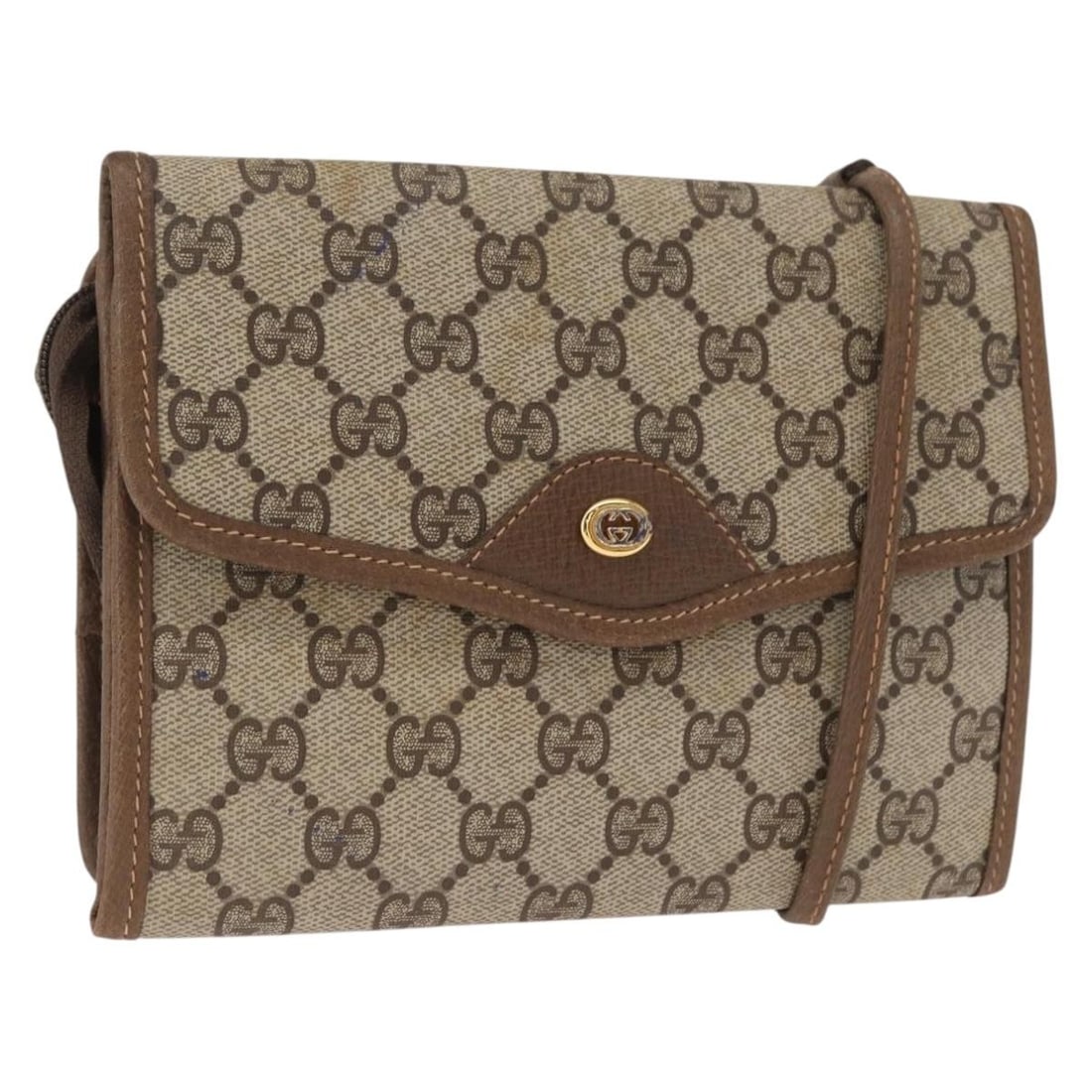 Beige and Gold GG Supreme PVC Shoulder Bag by Gucci: Beige and Gold GG Supreme PVC Shoulder Bag by Gucci This Gucci GG Supreme shoulder bag features a beige and gold color scheme, crafted with PVC leather and GG canvas. Designed with a compact silhouett