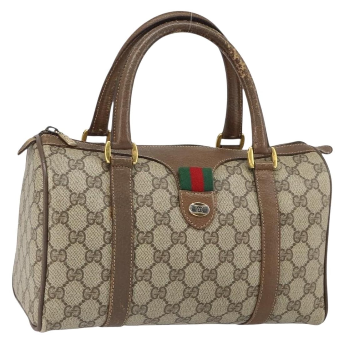 GG Supreme Boston Bag by Gucci Beige Gold PVC Sherry Web Line 39 02 006: GG Supreme Boston Bag by Gucci Beige Gold PVC Sherry Web Line 39 02 006 This GUCCI GG Supreme Web Sherry Line Boston Bag features a beige and gold color combination crafted from durable PVC leather an