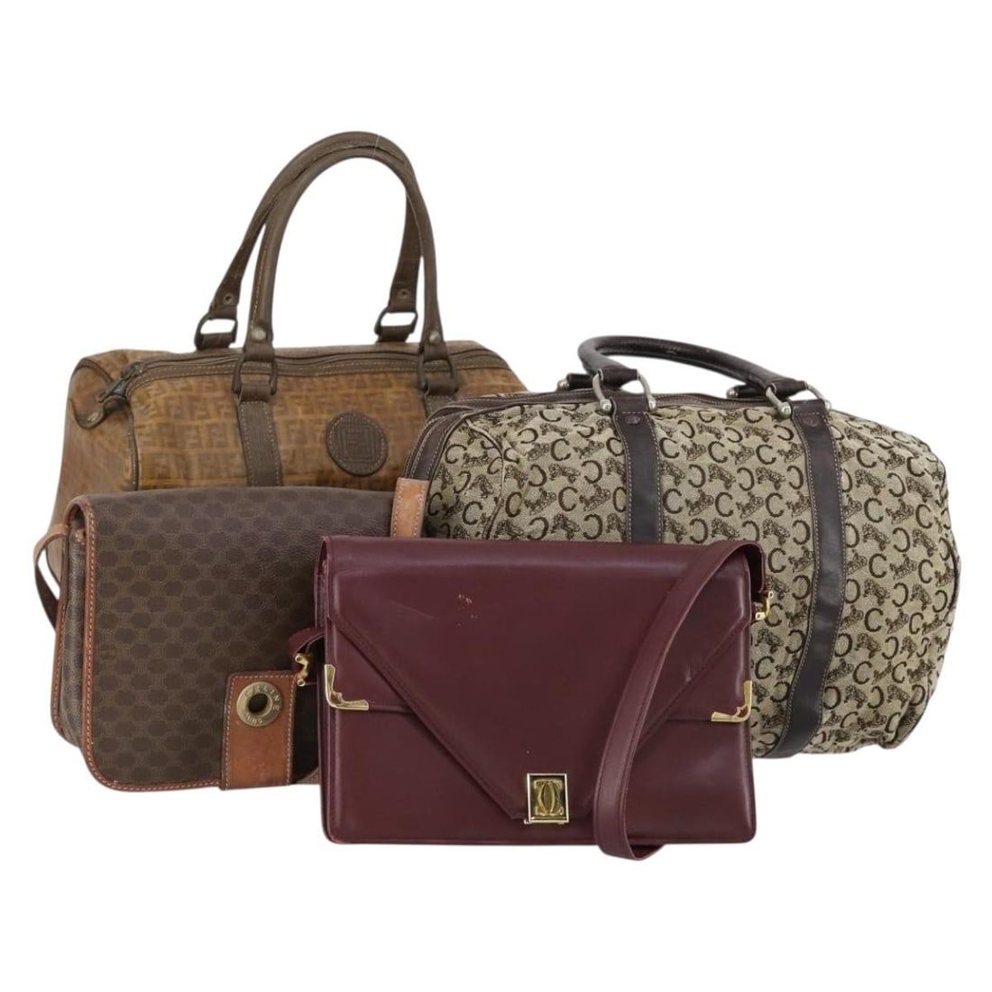 CELINE PVC Leather Shoulder Bag Set Beige Brown Bordeaux Auth 4 Pieces: CELINE PVC Leather Shoulder Bag Set Beige Brown Bordeaux Auth 4 Pieces This elegant CELINE shoulder bag set features a unique combination of beige, brown, and bordeaux colors, crafted from durable PVC