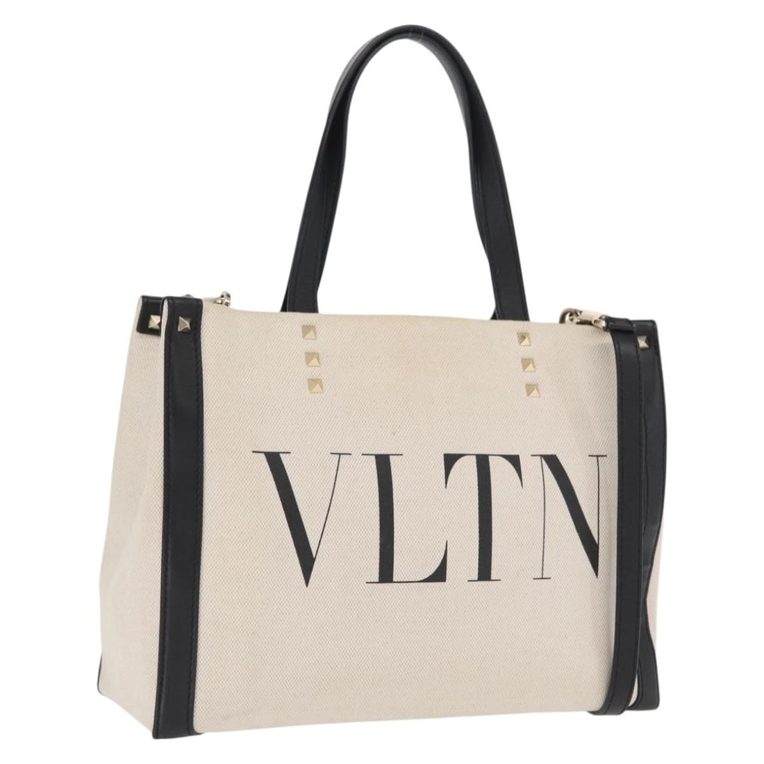 Beige Canvas Valentino Tote with Gold Accents and Shoulder Strap: Beige Canvas Valentino Tote with Gold Accents and Shoulder Strap This Valentino tote bag features a beige and gold canvas exterior and can be carried by hand or over the shoulder with its detachable s